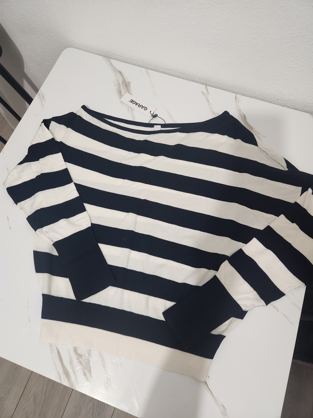 Garage Off-Shoulder Striped Sweater in Navy & Cream - Picture 4 of 5